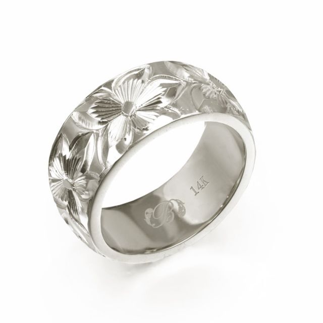 14Kホワイトゴールド バレル 幅8mm 厚み1.5mm プルメリア ノーエッジ リング WB8D-E15