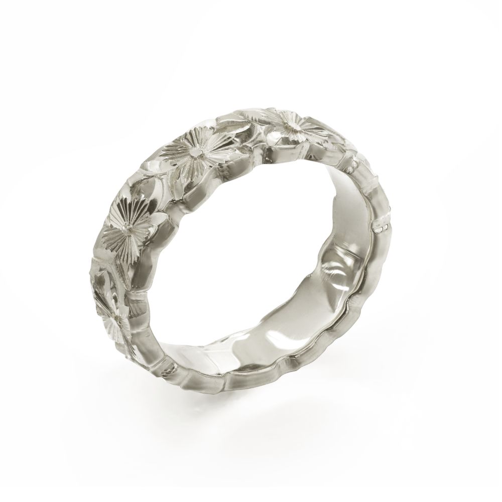 14Kホワイトゴールド バレル 幅4mm 厚み2mm プルメリア カットアウト リング WB4D-A20