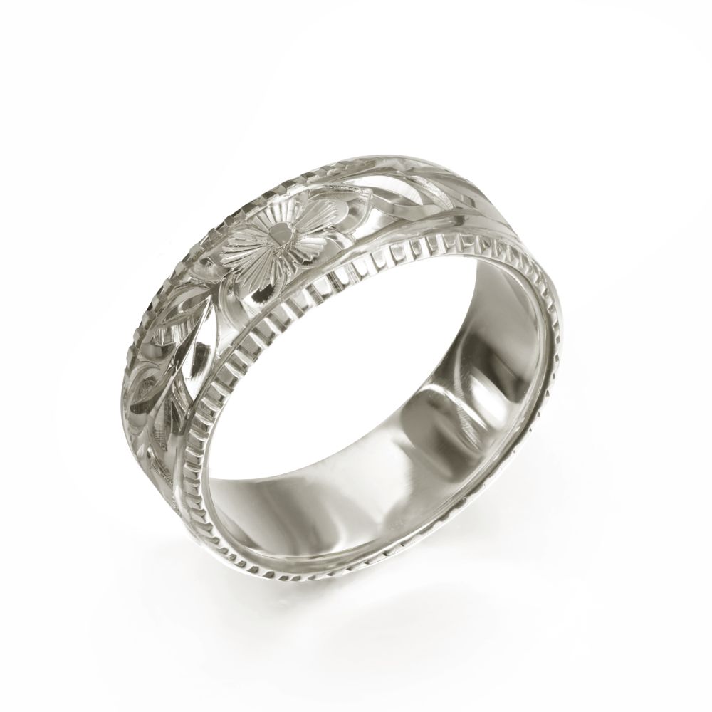 大粒トルコ石 14Kホワイトゴールドリング ハワイアンジュエリー 14Kホワイトゴールド フラット 幅6mm 厚み