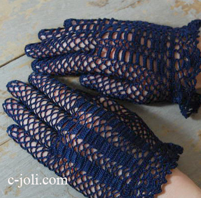 【日本発送】B-387　フレンチアンティークレース手袋　リネンレース　ブルー