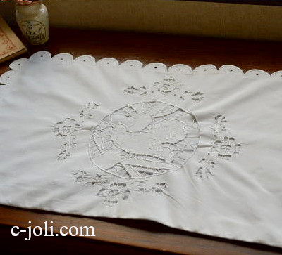 【日本発送】B-953　フランスアンティークコットンピローケース　カットワーク手刺繍コットン