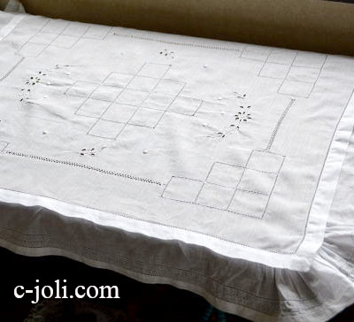 【日本発送】B1053　フランスアンティークベビープラム用クロス　カットワーク手刺繍＆ドロンワークコットンクロス