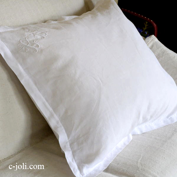 【日本発送】B1219　フランスアンティークリネンピローケース/クッションケース　手刺繍リネン 61x53cm