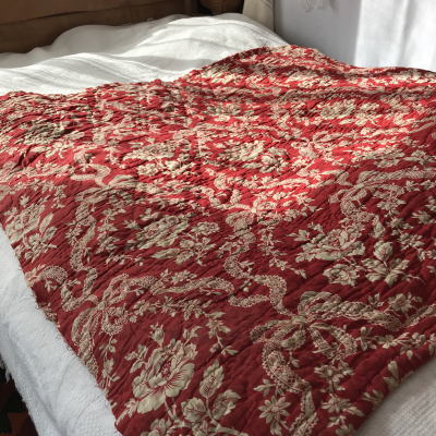 B1413　フランスアンティークコットンキルト　1900年ローズ柄ハンドワークキルト　106x94cm