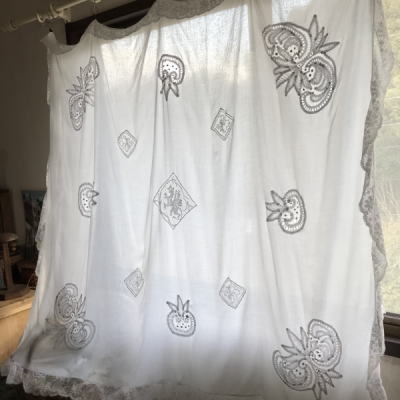 【日本発送】B1427　フランスアンティーク綿ローン＆レースケース　バテンレース＆フィレレース＆ローンブランケットケース 139x150cm