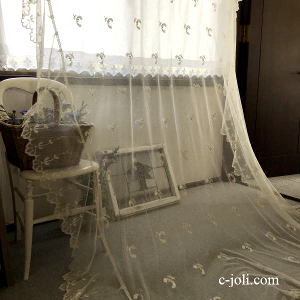 【日本発送】B1443　フランスアンティークレースベッドスプレッド/ベッドカバー　コットンチュールレース 160x252cm