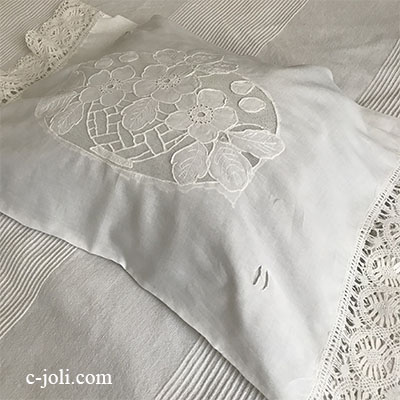 B1523 フランスアンティーク綿ローンピローケース/クッションケース　コットンローン＆レース 74x42cm