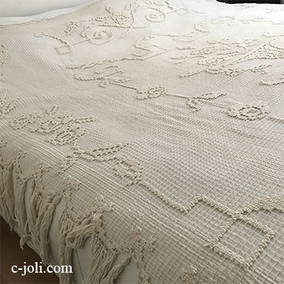 【パリ発送】B1543 フランスアンティークレースベッドスプレッド/ベッドカバー　ローズ柄ハンドワークコットンフィレレース　250x215cm