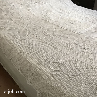 【パリ発送】B1544 フランスアンティークレースベッドスプレッド/ベッドカバー　花柄ハンドワークコットンニードルポイントレース　196x237cm