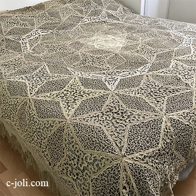 【パリ発送】B1569 フランスアンティークレースベッドカバー  19世紀カットワークリネン＆ニードルレース＆バテンレース 242x233cm +フリンジ