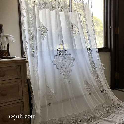 B1588 フランスアンティークレースベッドスプレッド/ベッドカバー/ダブル　コットンレース＆コットンガーゼカーテン 228x225cm