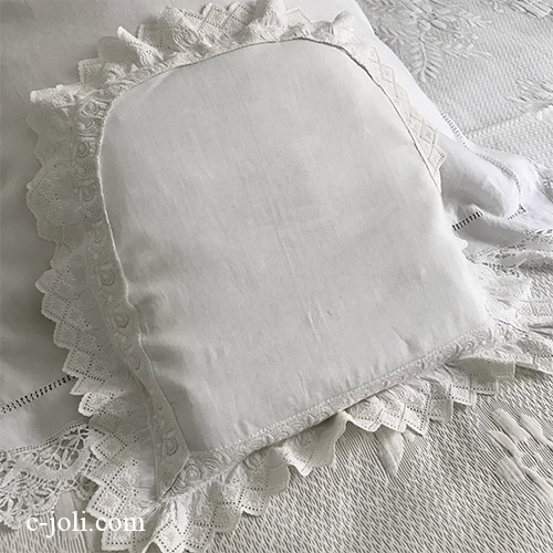 【パリ発送】B1596 フランスアンティークコットンベビーピローケース/ミニクッションケース　手刺繍コットン 46x48cm