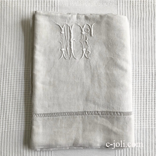 【パリ発送】B1641 フランスアンティークリネンシーツ　手刺繍モノグラム＆リネン 205x265cm