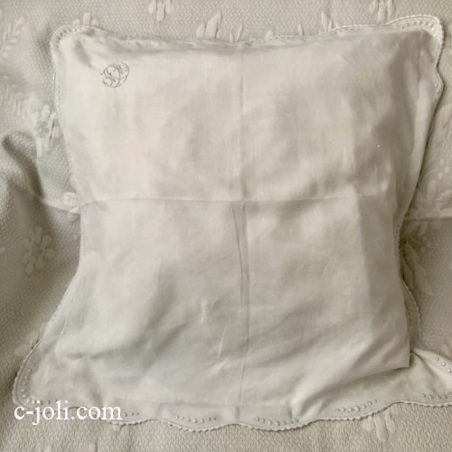【パリ発送】B1645 フランスアンティークリネンピローケース/クッションカバー　手刺繍モノグラムリネン 72x73cm
