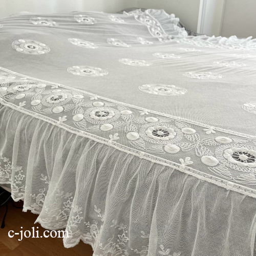 【パリ発送】B1662  フランスアンティークレースベッドスプレッド/ベッドカバー　マシーン刺繍コットンチュールレース 200x217cm