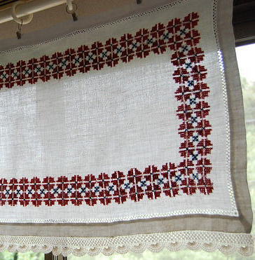 【日本発送】C-283　フランスアンティークリネンカフェカーテン/バランスカーテン　手刺繍リネン＆レース