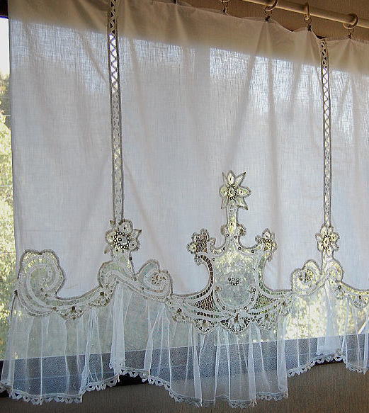 C-322　フランスアンティークカーテン　バテンレース＆チュールレースコットンカーテン 1m20