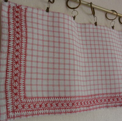 【日本発送】C-695　フランスアンティークリネンカーテン　チェック柄手刺繍リネンカフェカーテン 1m06