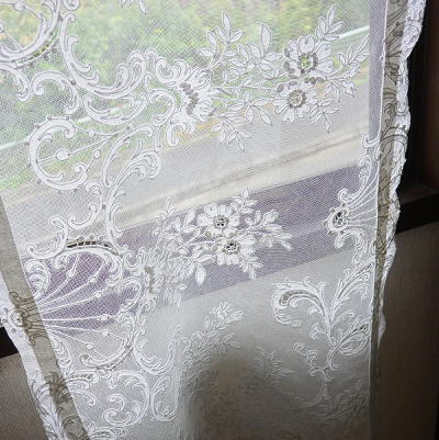 C-828　フランスアンティークレースカーテン 1m30　リネンチュールレース＆タンバー刺繍カーテン