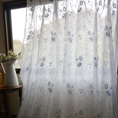 C-869　フランスアンティークレースカーテン コーネリー刺繍綿ローンカーテン 214x245cm