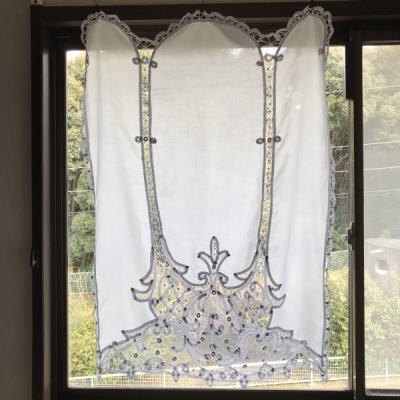 C-933　フランスアンティークレースカーテン　バテンレース＆綿ローン＆チュールレースカーテン 90cm