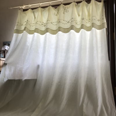 C-978　フランスアンティーク刺繍リネンカーテン　手刺繍モノグラムリネン 236x245cm　ペールイエロー