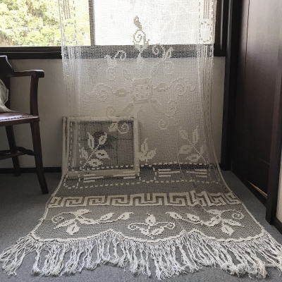 C-987　フランスアンティークレースカーテン　ローズ柄ハンドワークリネンフィレレースカーテン 110x267cm