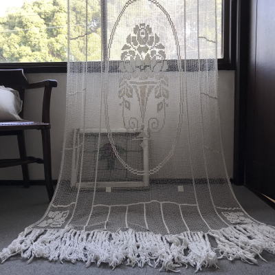 【日本発送】C-988　フランスアンティークレースカーテン　ローズ柄ハンドワークリネンフィレレースカーテン 103x248cm