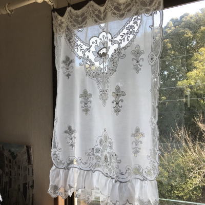 C-998 フランスアンティークレースカーテン　タンブール刺繍/タンバー刺繍コットン＆ネットレースカーテン 80cm