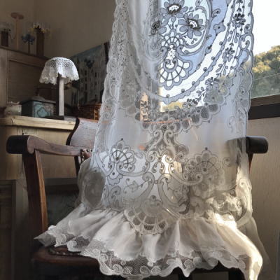 C-999 フランスアンティークレースカーテン　タンブール刺繍/タンバー刺繍コットン＆ネットレースカーテン 1m53