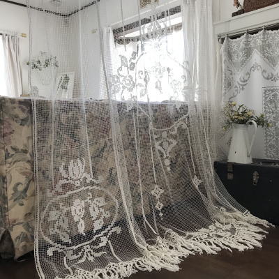 C1010 フランスアンティークレースカーテン　ハンドワークリネンフィレレースロングカーテン 2m57