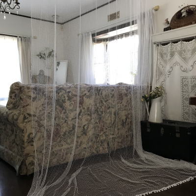 【日本発送】C1018 フランスアンティークレースカーテン　ハンドワークリネンフィレレースロングカーテン 255x325cm