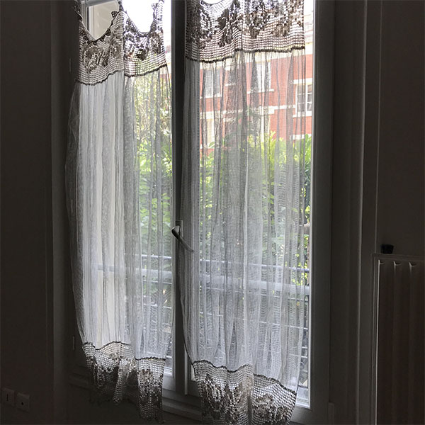 C1041 フランスアンティークレースカーテン2枚 リネンクロシェレース