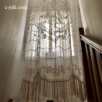 【パリ発送】C1059　フランスアンティークレースカーテン　ハンドワークリネンフィレレースロングカーテン生成り 2m40
