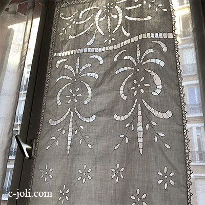 【パリ発送】C1063 フランスアンティークレース＆刺繍カーテン/スモールカーテン　リング付きカットワーク手刺繍コットン＆ボビンレース 86cm