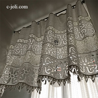 C1066 フランスアンティークレース＆刺繍カーテン　カットワーク手刺繍リネン＆バテンレース 146x86cm