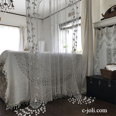 C1077 フランスアンティークレースカーテン　ハンドワークコットンフィレレース＆クロシェレースロング 2m40