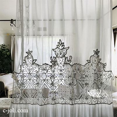 C1080 フランスアンティークレース＆モスリンカーテン　ハンドワークリネンフィレレース＆バテンレース 2m49