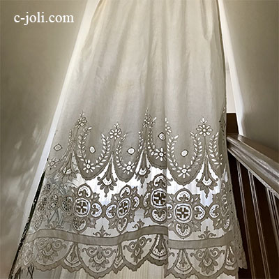 【パリ発送】C1091 フランスアンティークレース＆コットンカーテン　19世紀タンブール刺繍レース＆コットンカーテン 2m16