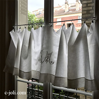 【パリ発送】C1095 フランスアンティークリネンカーテン/カフェカーテンJM　手刺繍モノグラムリネンクロス 240x60cm