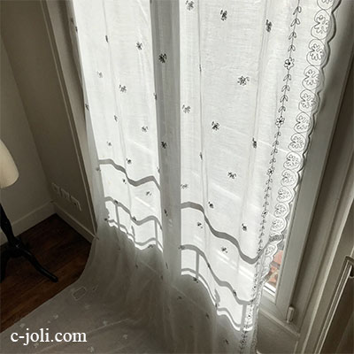 【パリ発送】C1103 フランスアンティークローンカーテン　コーネリー刺繍＆綿ローン  121x317cm