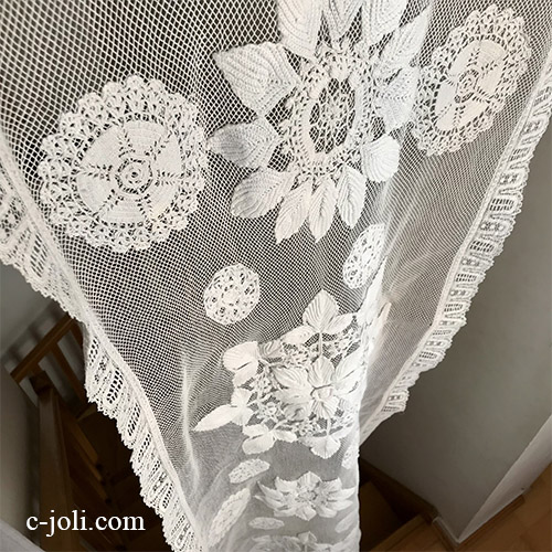C1132 フランスアンティークレースカーテン　リネンネットレース＆クロシェレースロングカーテン 2m15