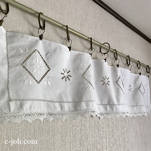 C1146 フランスアンティークコットンカーテン/カフェカーテン　カットワーク手刺繍コットン＆ボビンレース 1m09