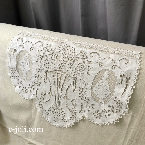 【パリ発送】C1157 フランスアンティークレース＆リネンスモールカーテン　カットワーク手刺繍リネン＆ボビンレース＆フィレレース 50x36cm