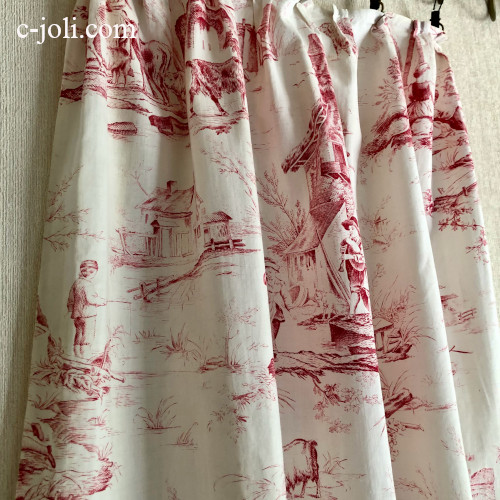 アンティークフランス トワルドジュイ 家と薔薇チューリップ ボビンレースカーテン フランストワルドジュイ柄カーテンはかわいいアンティークネット