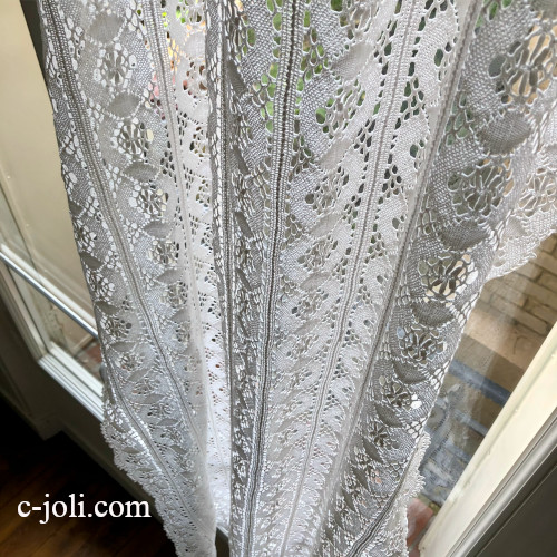 【パリ発送】C1173 フランスアンティークレースカーテン　リネンボビンレースロングカーテン 1m89