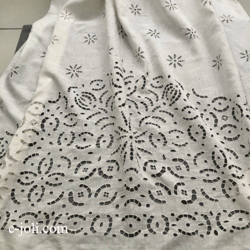 【パリ発送】C1181 フランスアンティークリネンロングカーテン　カットワーク手刺繍リネンカーテン 140x195cm