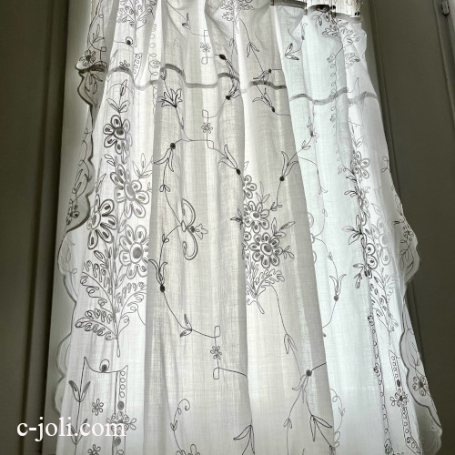 【パリ発送】C1186 フランスアンティークコーネリー刺繍カーテン　綿ローン刺繍カーテン 2m63
