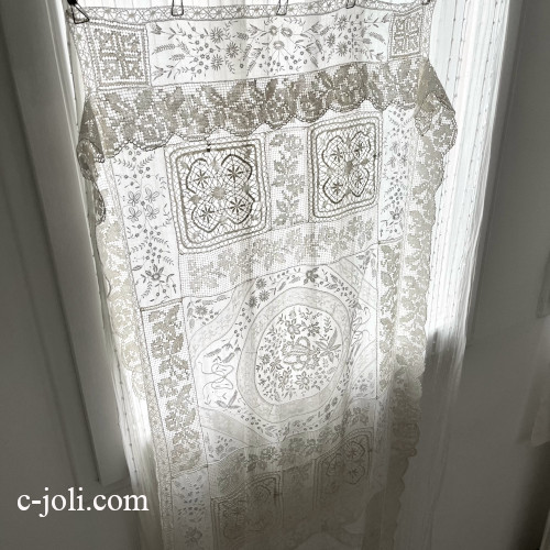 【パリ発送】C1191  フランスアンティークレースカーテン　ホワイトワーク刺繍＆フィレレース＆ボビンレース 52x168cm