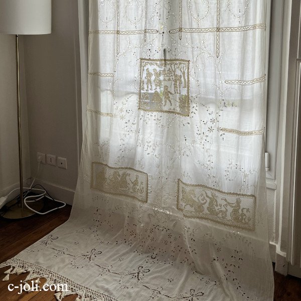【パリ発送】C1198 フランスアンティークコットンカーテン　カットワーク手刺繍＆フィレレース＆ボビンレース 138x280cm